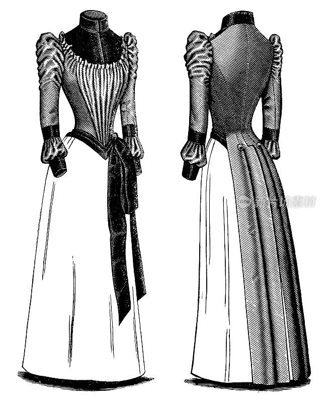 19世纪90年代维多利亚时代的时尚，女士晚宴礼服与褶皱的巴斯克紧身胸衣和丝带(正面和背面)- 19世纪